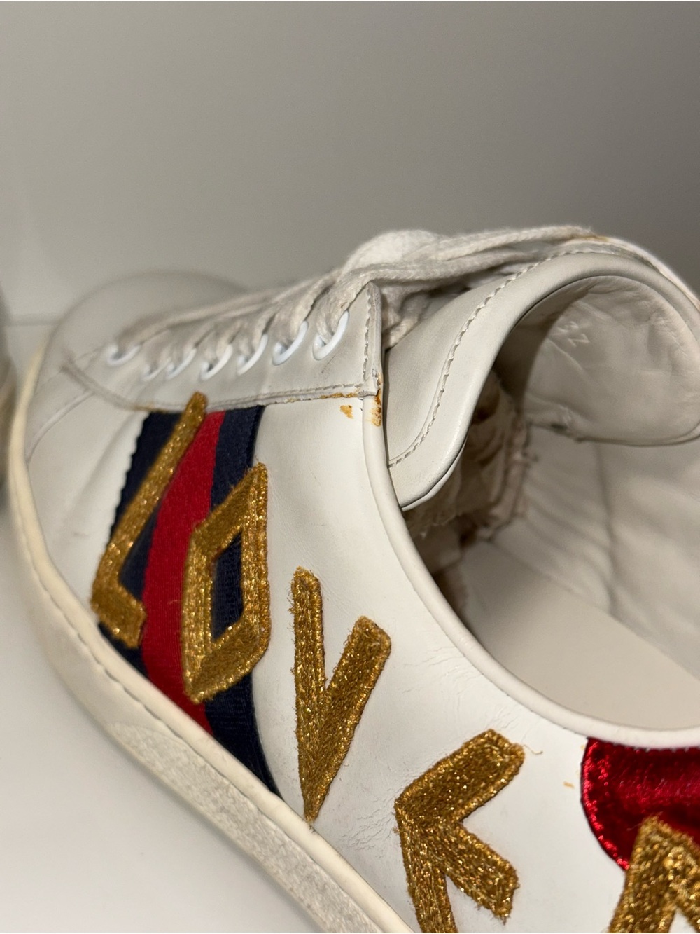 Gucci White Leather 'Loved' Sneakers with Red, Blue & Gold Accents - Picture 14 of 17